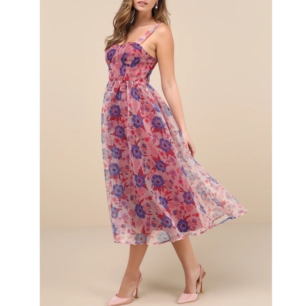 Lulus Delightful Look Magenta Floral Print Bustier‎ Midi Skater Dress Size L - Picture 3 of 14